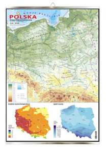 Polska mapa hipsometryczna temp i opadów plansza plakat