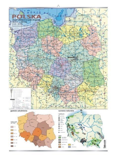 Polska – mapa administracyjno-drogowa + mapki gęstości zaludnienia i surowców